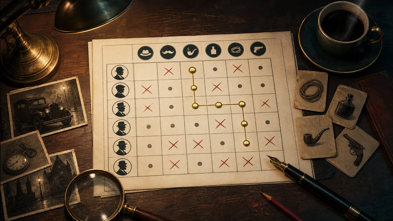Cuaderno de detective con descartes y una deducción correcta